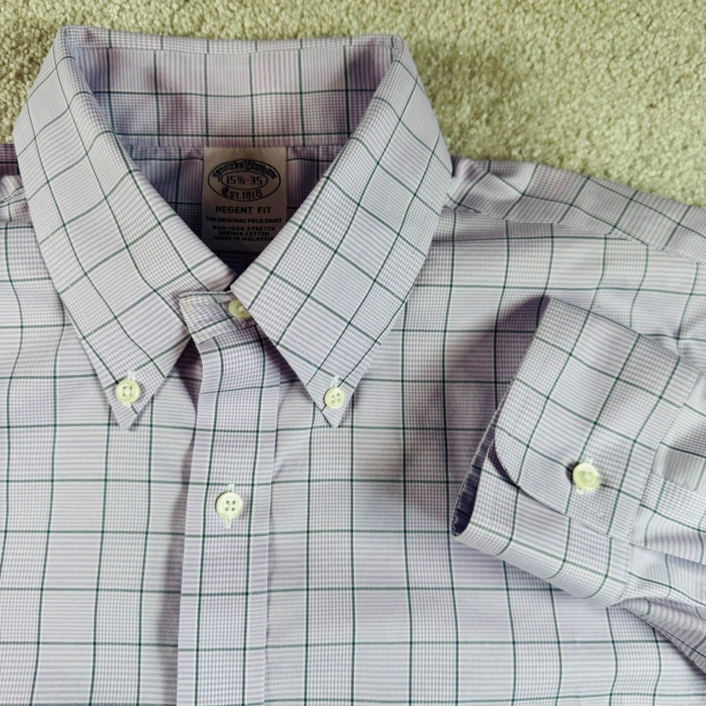 Brooks Brothers Regent Fit Non-Iron Stretch Shirt 15.5 35 Purple Check Mens